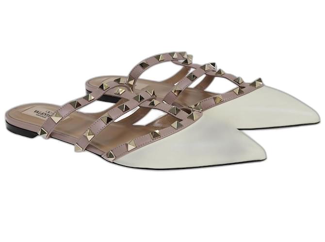 Valentino White Pointed Toe Rockstud Mules Leather  ref.1035703