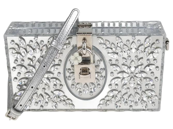 Dolce & Gabbana Silver Crystal Embellished Locket Clutch Silvery Cloth  ref.1035771