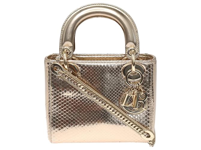Mini-Tasche „Lady Dior“ in Metallic-Gold Golden Exotisches Leder  ref.1035816