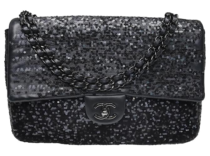 Chanel Bolsa com aba única de lantejoulas pretas Moonlight On Water Preto Couro  ref.1035972