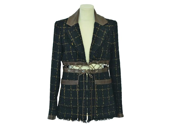 Chanel black/Veste en tweed Gold Fantasy avec bordures en cuir Soie Noir  ref.1036055