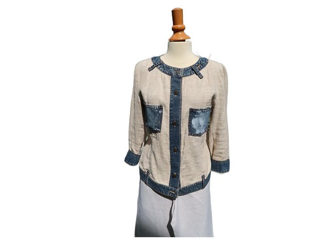 Dolce & Gabbana Beige Linen and Wool Denim Trim Jacket