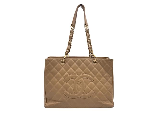 Chanel Beigefarbene, gesteppte GST-Grand-Shopping-Einkaufstasche aus Kaviarleder  ref.1036252