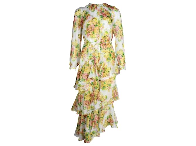 Zimmermann Golden Floral-Print Tiered Dress in Multicolor Silk Multiple colors  ref.1036683