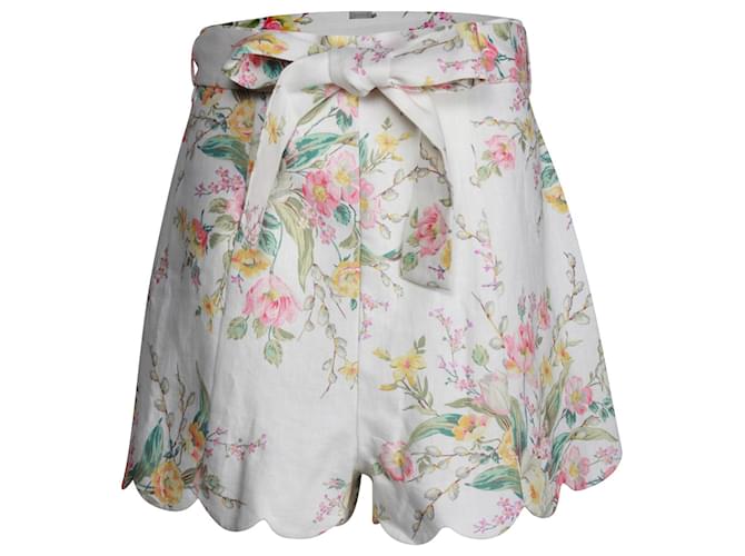 Zimmermann Zinnia Floral-Print Scalloped Shorts in White Linen  ref.1036690