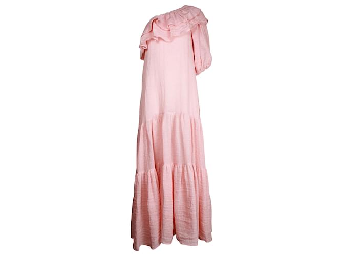 Lisa Marie Fernandez Arden One-Shoulder Tiered Maxi Dress in Pink Linen  ref.1036705