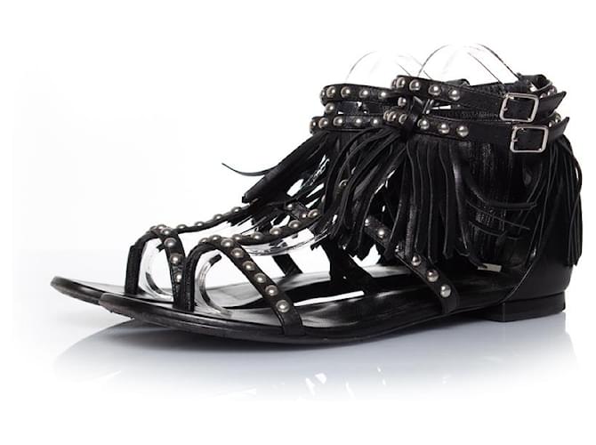 SAINT LAURENT, leather fringe sandal with studs Black  ref.1037464