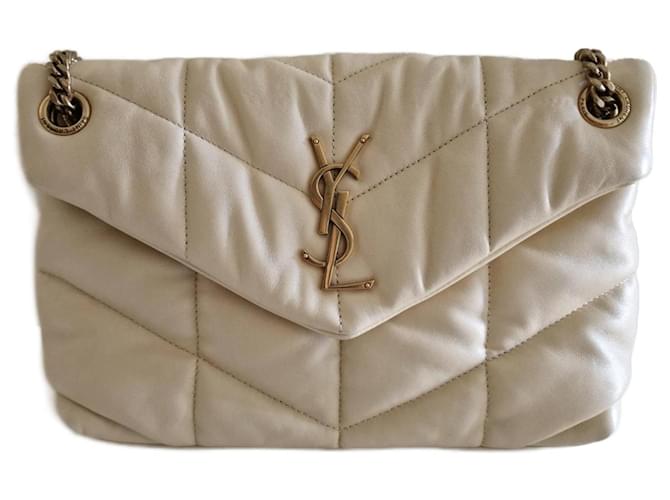 Chyc Yves Saint Laurent Puffer pequeno YSL Creme Couro  ref.1037965
