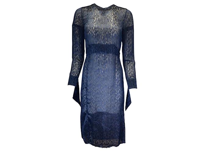 Akris Navy Blue Belted Long Sleeved Velvet Midi Dress  ref.1038093