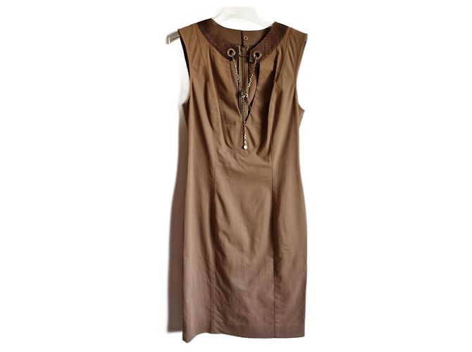 Vestido Gucci marrom de algodão com detalhes em couro de python