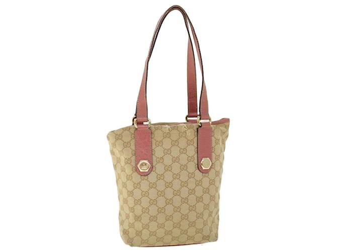 GUCCI GG Canvas Tote Bag Leather Beige Pink 153361 302982 auth