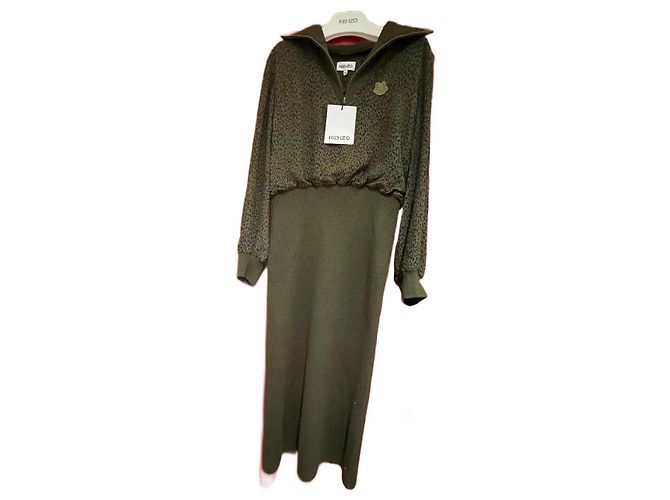 Vestido Kenzo Cáqui e Preto de Lã e Viscose Caqui
