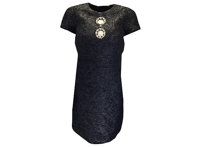Michael Kors Collection Black Crystal Embellished Cut-Out Detail Short Sleeved Jacquard Brocade Dress Polyester  ref.1039315
