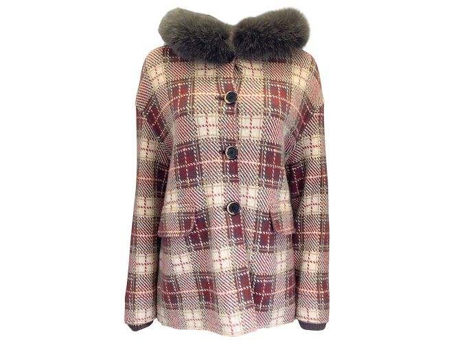 Bruno Manetti Vermelho / roxa / Jaqueta de malha de lã xadrez Houndstooth com capuz e pele cinza