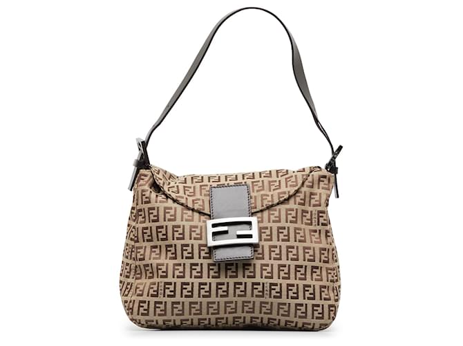 Fendi Zucchino Double Flap Baguette Shoulder Bag, Brown Canvas