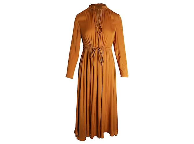 Maje Rouge Shirred Drawstring Midi Dress in Orange Polyester  ref.1039727