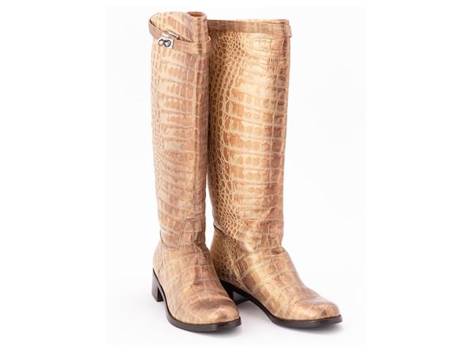 Hermès #hermes #salto #bota Marrom Bege Dourado Mostarda Conhaque Fora de branco Bronze Caramelo Leatherette  ref.1039980
