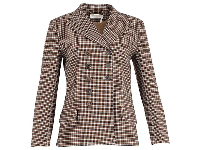 Chloé Chloe Checkered Double-Breasted Coat in Brown Polyester  ref.1040711