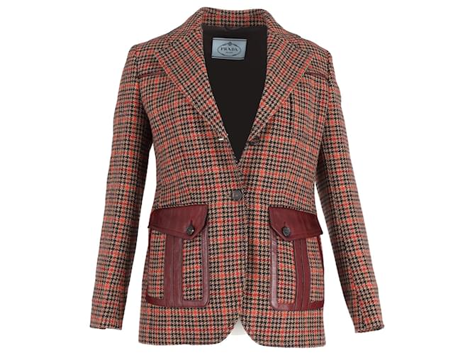Prada Leather-Trimmed Checked Blazer in Brown Wool-blend Tweed   ref.1040740