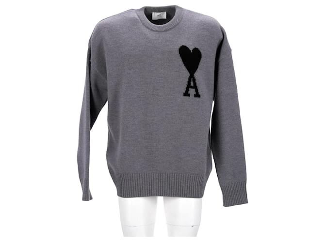 AMI Paris Ami de Coeur Crewneck Sweater in Grey Wool  ref.1040801