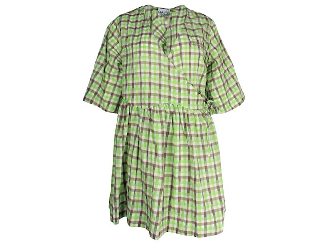 Ganni Kariertes Seersucker-Wickelkleid aus grüner Bio-Baumwolle  ref.1040808