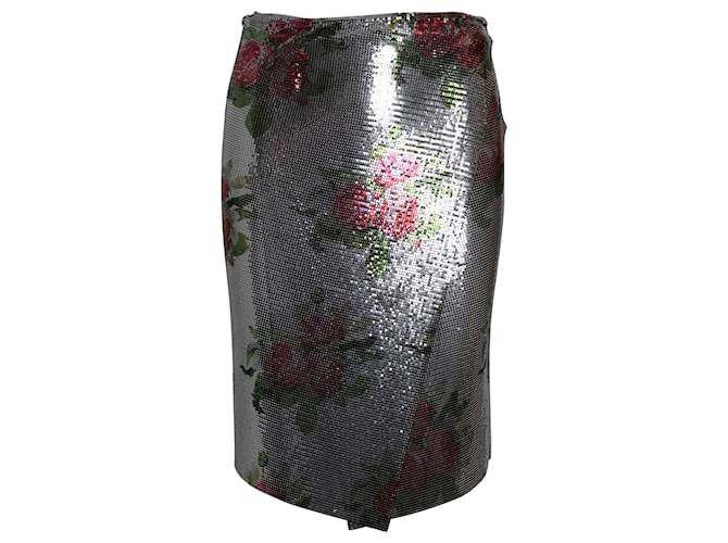 Paco Rabanne Floral-Print Mesh Wrap-Skirt in Silver Aluminum Silvery Metal  ref.1040853