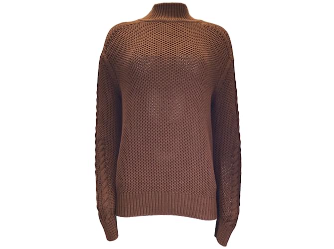 Hermès Hermes Brown Long Sleeved Mock Neck Cotton and Silk Knit Sweater  ref.1041143