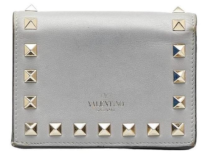 Valentino Bifold-Geldbörse „Rockstud“ aus Leder Grau  ref.1041218