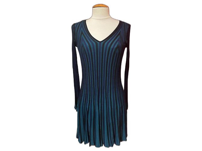 Kenzo Gestreiftes Mesh Kleid Schwarz Grün Blau Dunkelgrün Dunkelblau