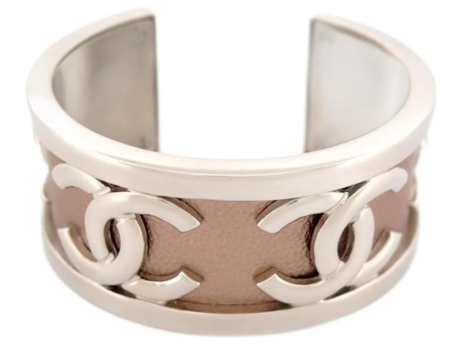 NEW CHANEL BRACELET CC LOGO CUFF BRUSHED STEEL AND BRONZE LEATHER + BOX Metal  ref.1041907