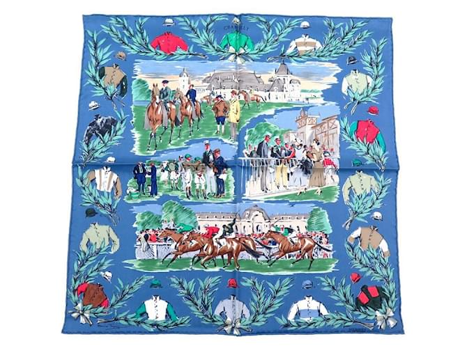 Hermès NEW HERMES GAVROCHE SCARF CHAMP DE COURS AT CHANTILLY DE TAQUOY CARRE Blue Silk  ref.1041984