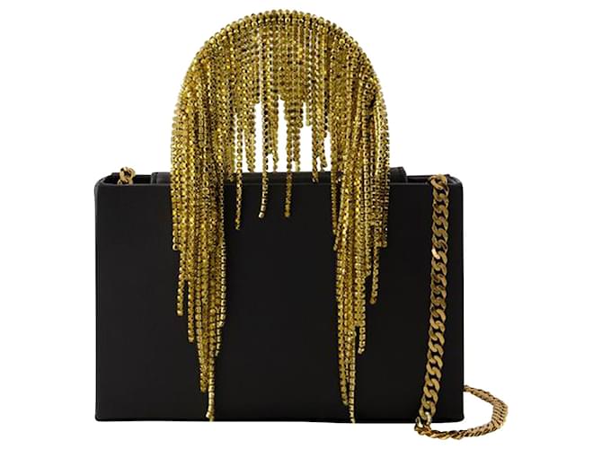 Donna Karan Midi Crystal Fringe Bag - Kara - Leather - Black/Gold Pony-style calfskin  ref.1042187