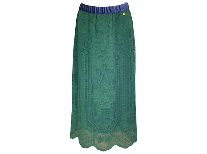 Muveil Green / Blue Velvet Trimmed Lace Midi Skirt