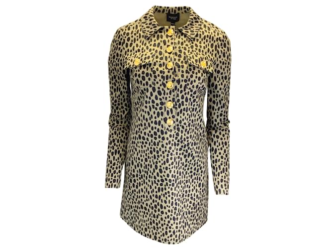 Giambattista Valli Tan / Black Leopard Printed Long Sleeved Button-Down Cotton Shirt Dress Camel  ref.1042979