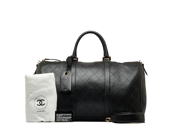 Chanel Quilted Leather Boston Duffle Bag Black Pony-style calfskin