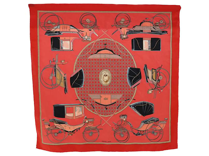 Hermès HERMES CARRE 65 LES VOITURES A TRANSFORMATION Scarf Silk Red Auth ac2150  ref.1043983