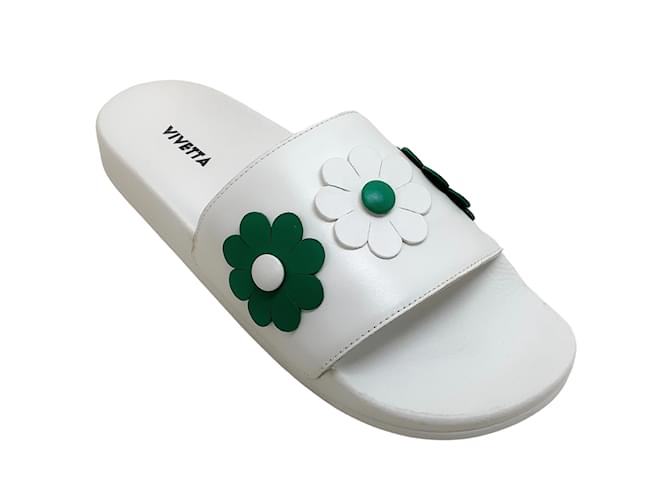 Autre Marque Vivetta White Leather Slide Sandals with Green Flowers  ref.1044161