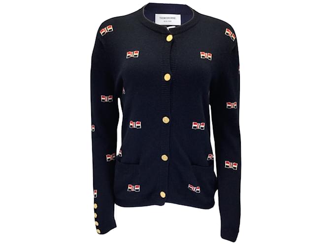 Thom Browne Navy Blue Bow Design Long Sleeved Button-down Cashmere Knit Cardigan Sweater  ref.1044203
