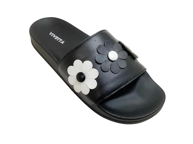 Autre Marque Vivetta Black Leather Slide Sandals with White Flowers  ref.1044208