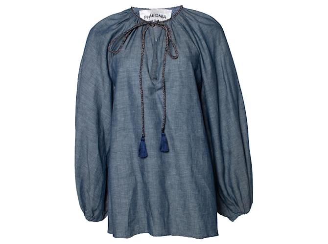 Autre Marque Feônia, blusa azul com manga balão Algodão Linho  ref.1019218