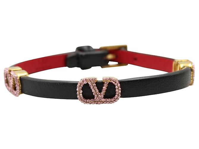 Valentino Garavani Crystal-Embellished VLogo Buckled Bracelet in Black Calfskin Leather Pony-style calfskin  ref.1044500