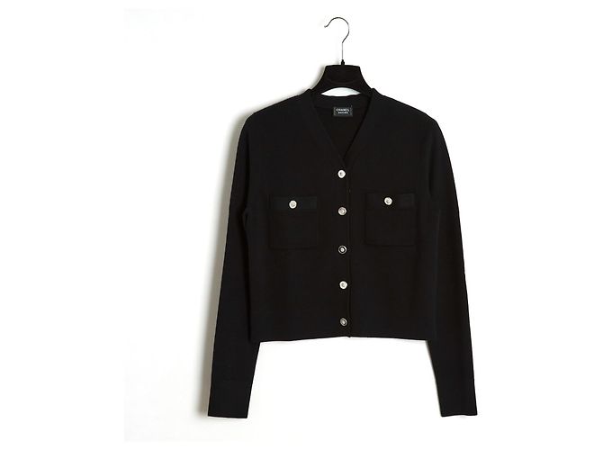 Chanel Strickjacke aus schwarzer Wolle mit silbernen Löwenkopfknöpfen FR36