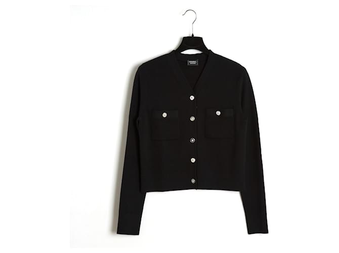 Chanel Strickjacke aus schwarzer Wolle mit silbernen Löwenkopfknöpfen FR36  ref.1044708