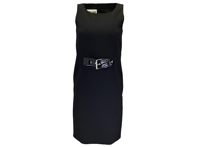 Moschino Couture Robe midi en crêpe sans manches en cuir verni noir avec ceinture Polyester  ref.1044759