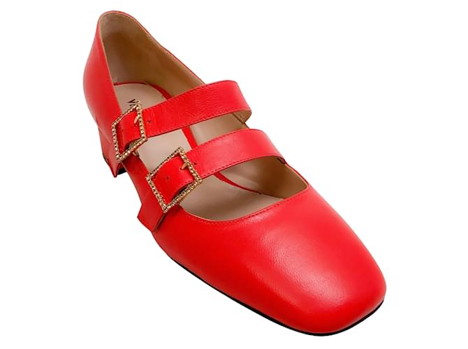 Autre Marque Vivetta Red Leather Double Strap Mary Jane Pumps with Crystal Buckles  ref.1044772