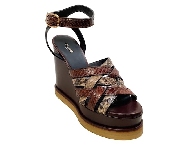 Céline Celine Manon Python Wedge Sandal 80 Brown Exotic leather  ref.1044774