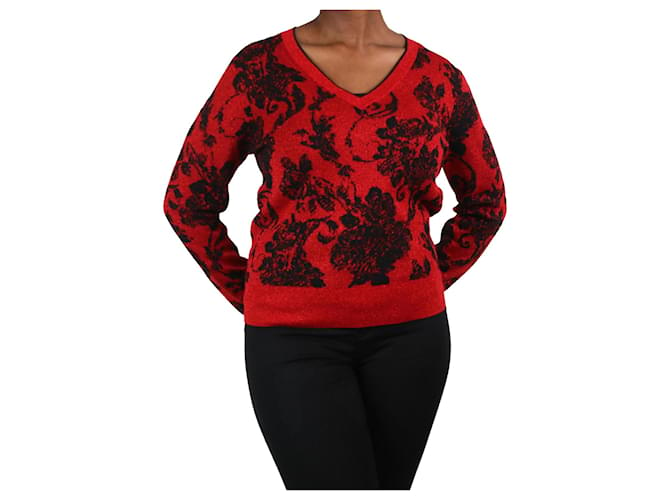 Dries Van Noten Red sparkly floral v-neck sweater - size M Wool  ref.1045051