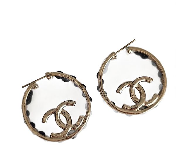 Orecchini Chanel BO Metallo Oro Champagne e Pelle Nera Nero D'oro