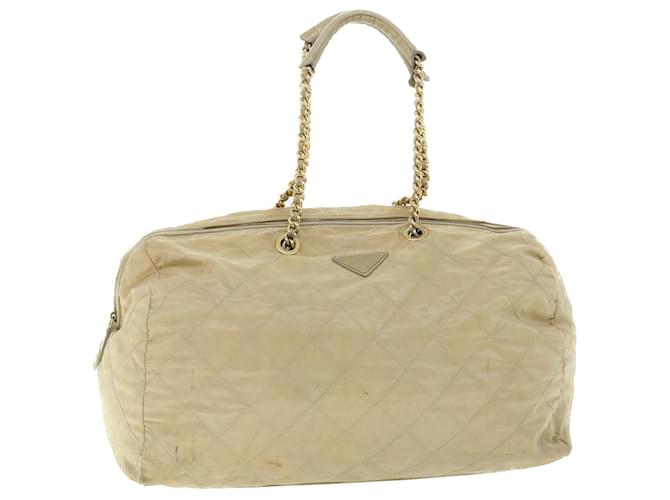 PRADA Quilted Chain Boston Bag Nylon Cream Beige Auth bs7668  ref.1045463