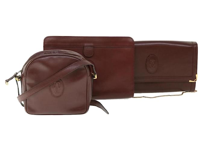 CARTIER Clutch Bag Shoulder Bag Leather 3Set Wine Red Auth fm2646  ref.1046382
